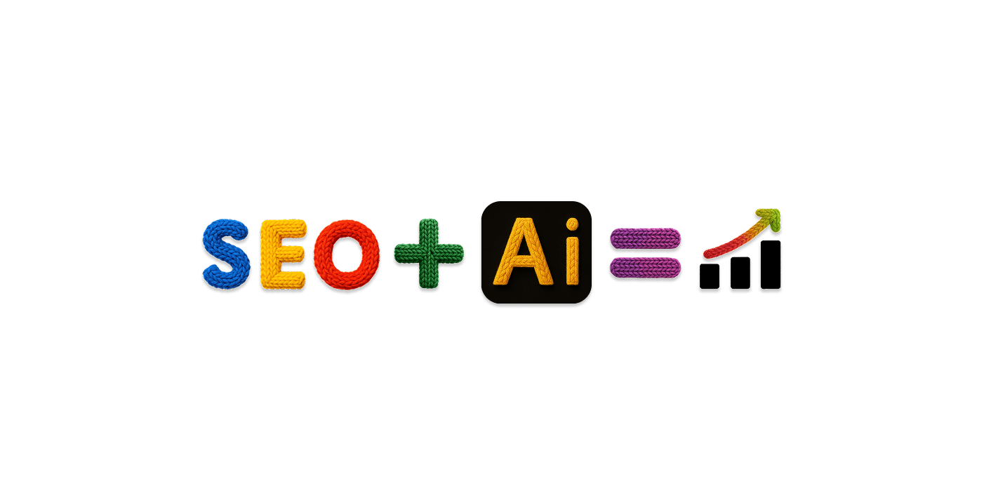 Bildet består av teksten: SEO + AI = Paragraf som går oppover for å demonstrere at ved å kombinere SEO med AI så gir det resultater. Teksten har tekstur som illustrerer stikket mønster og i diverse farger.